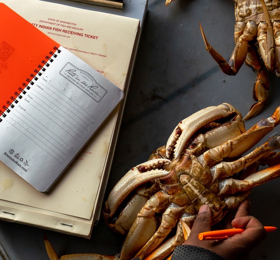 All weather side spiral notebook and crabs on a table.