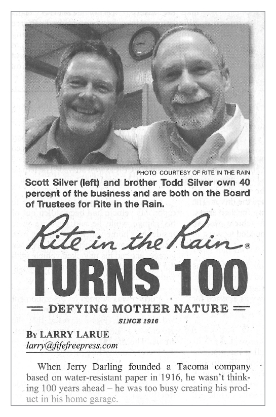 Rite in the Rain turns 100 years old, clip of Silver Brothers in news paper.