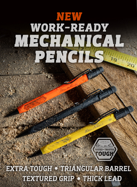 WORK-READY Mechanical Pencils sitting on a workbench covered in sawdust.
