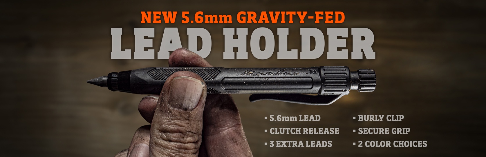 New 5.6mm gravity-fed lead holder. 5.6mm lead, clutch release, 3 extra leads, burly clip, secure grip, and 2 color choices.