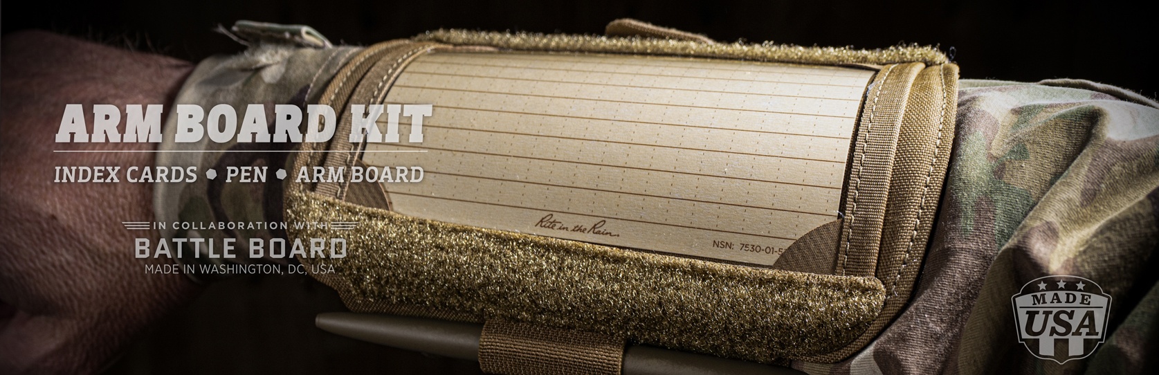 New Arm Board Kit, Includes: 100 Index Cards, Pen, Arm Board. In Collaboration with Battle Board, Made in Washington, DC. USA.