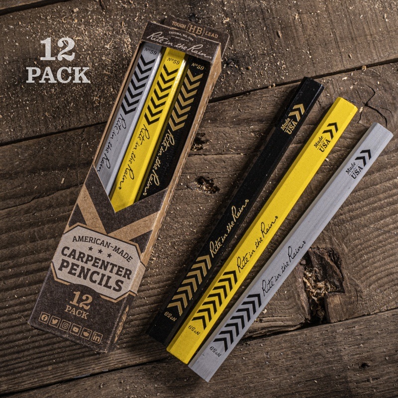 Rite in the Rain American Made Carpenter Pencils 12-Pack, includes yellow, black and gray colors. Tough HB Lead.
