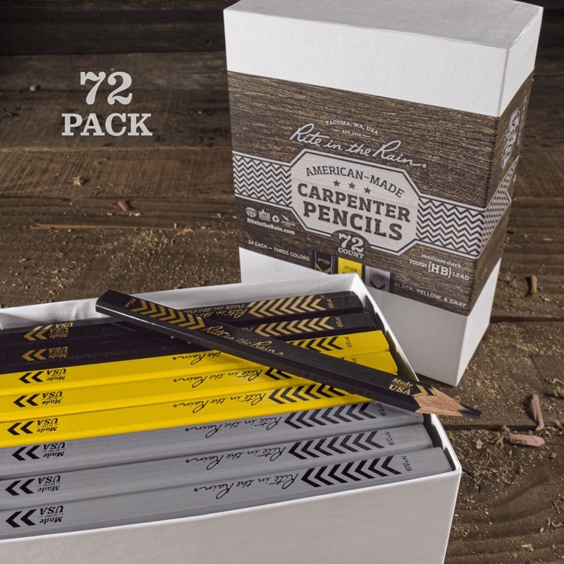 Rite in the Rain American Made Carpenter Pencils 72-Pack, includes yellow, black and gray colors. Tough HB Lead.