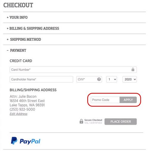 promo code screen highlighting the promo code form field and apply button.You can enter a promo code at checkout in the Payment section. Enter the code in the 