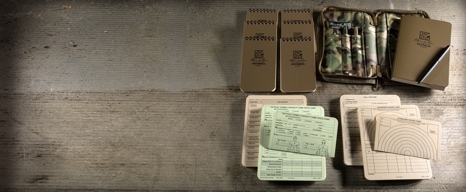 Kit includes: 6 top spiral notebooks,3 all weather pens, tactical field book, book cover, and combat cards. 