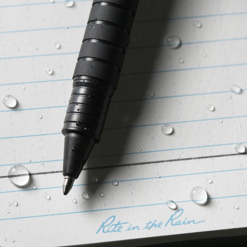 Durable clicker pen on wet paper, ink writing through water.