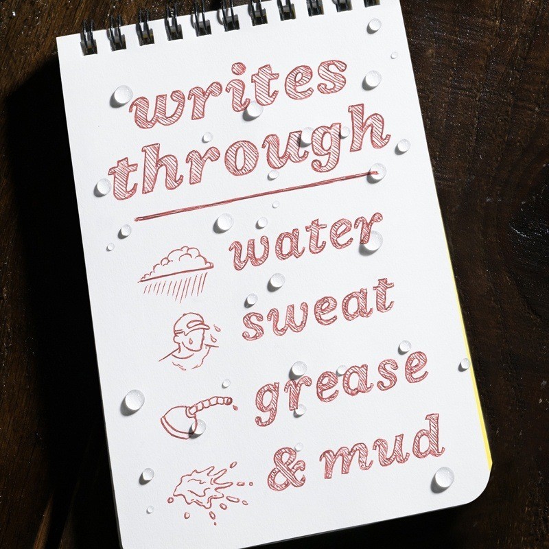 All weather pen writes through water, sweat, grease, and mud.