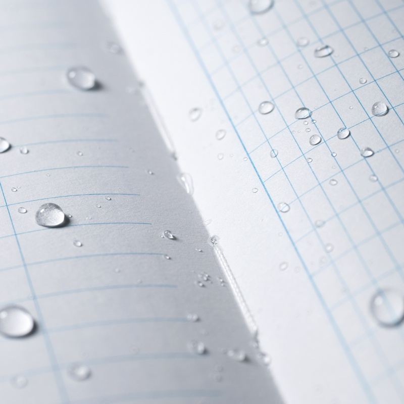 Sewn-in pages with water drops