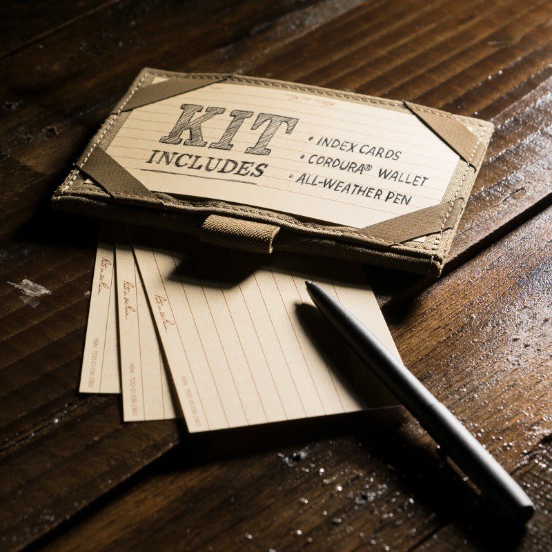 Kit includes: Weatherproof index cards, CORDURA wallet, and All-weather pen.