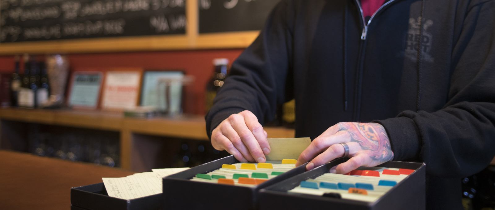 Bar tender filing index cards