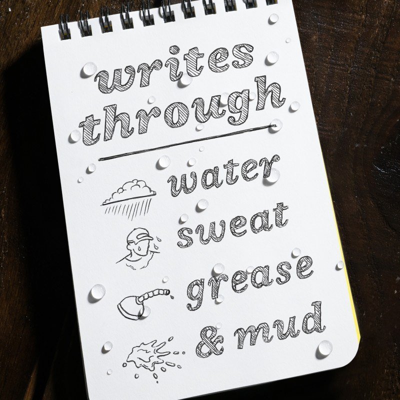 All weather ink writes through water, sweat, grease, and mud.