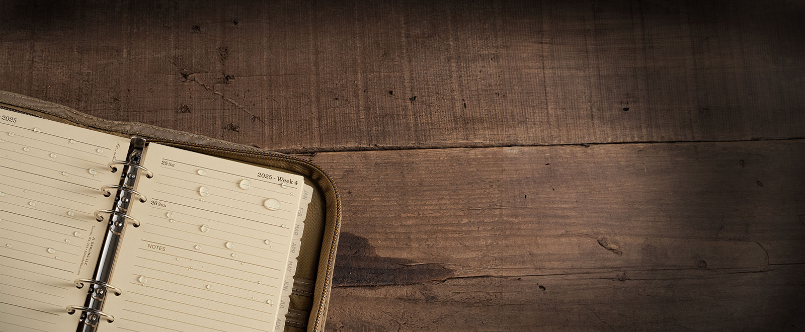 All-weather pen writing on wet daily planner pages.