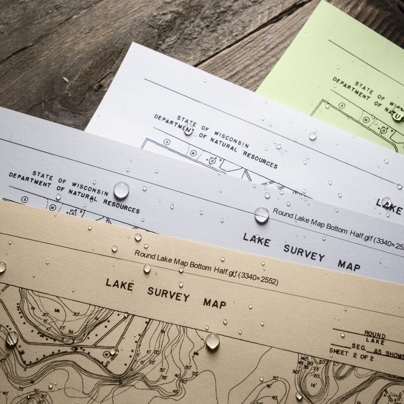 Forms, maps, and documents printed on wet All-weather printer paper.