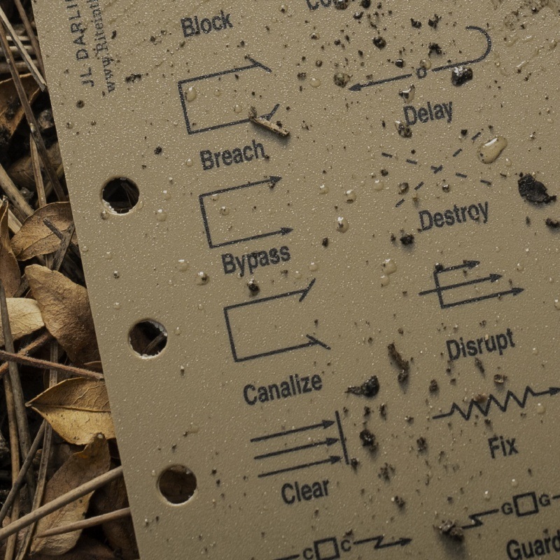 Wet and muddy tactical reference card.